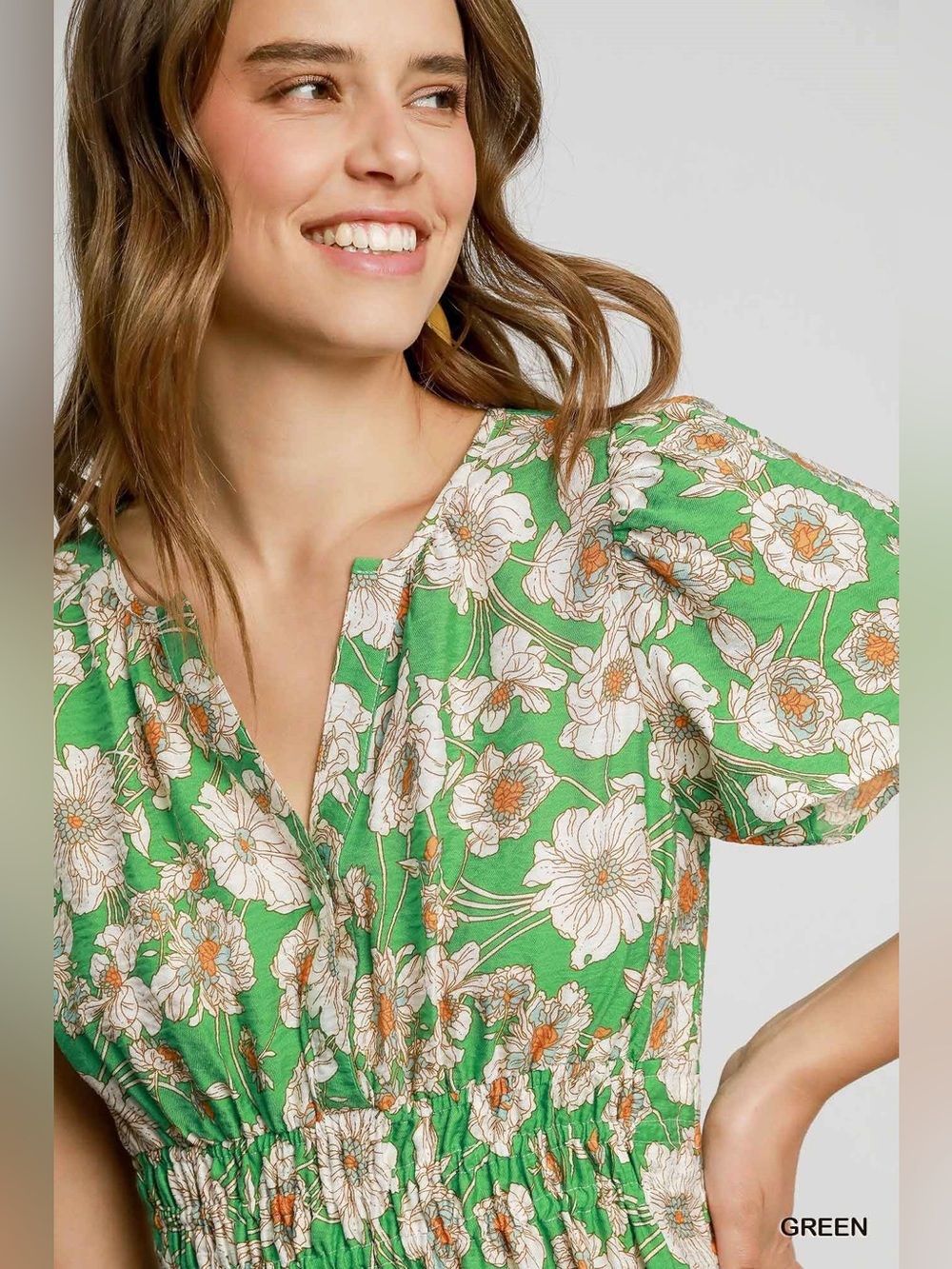 Umgee Green Floral Mini Dress with Puff Sleeves